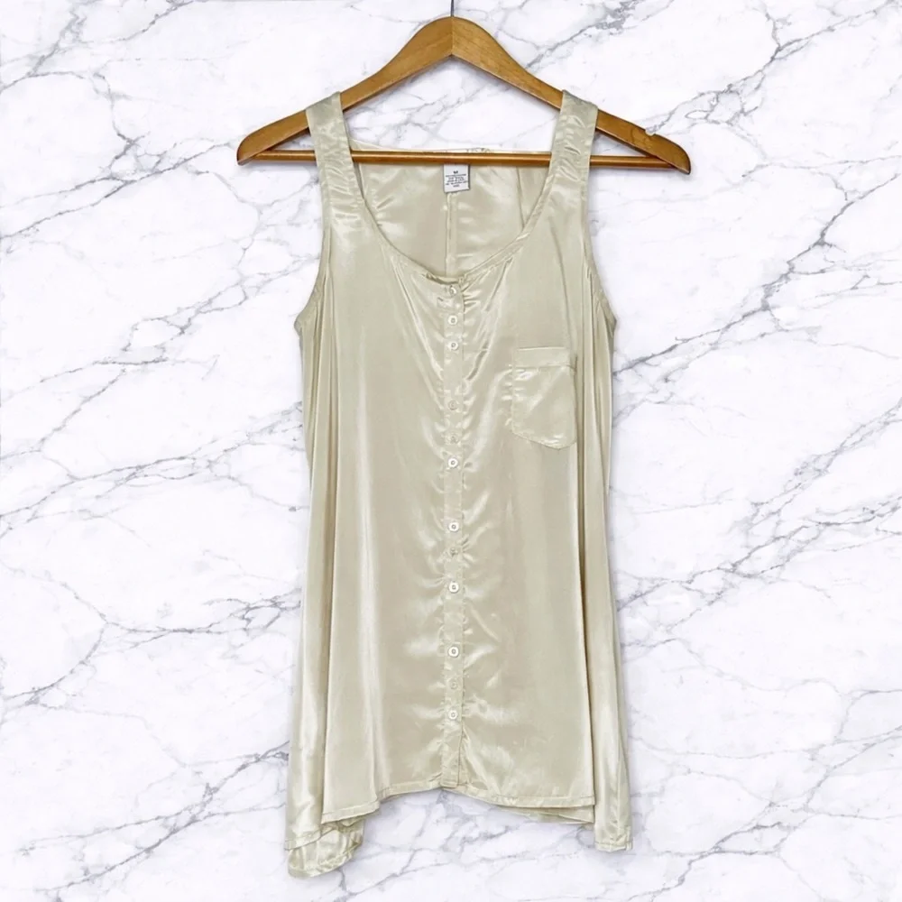 Fun & Flirt Creamy Champagne Shimmer Button Up Tank Top Blouse Women’s M